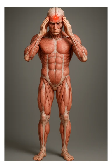 Full figure, hyperrealistic 4K medical illustration, exactly matching the style, pose, and composition of the reference: anatomical human body holding fingers on temples, contracted forehead, red spot on the forehead, expression of pain, clear background, extremely detailed, same lighting and style as reference. sticker