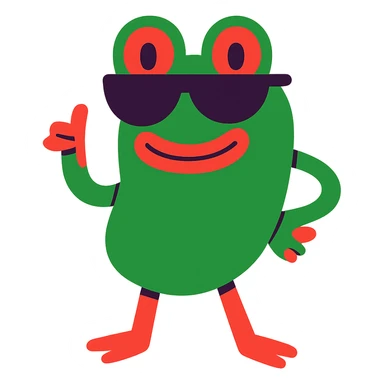 cool bean character with frog features, wearing sunglasses, confident and playful sticker