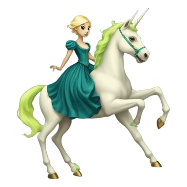 "galora green blonde alien woman" in blue Victorian dress elegant, full body, on gold unicorn sticker