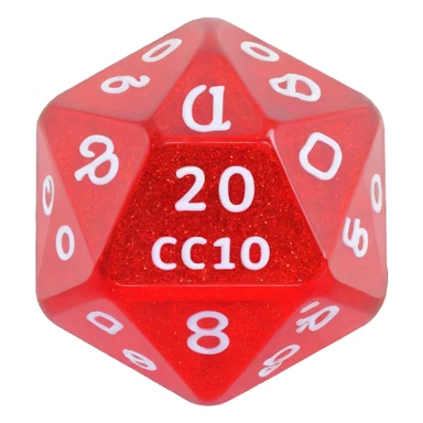 translucent d20 die with glitter sticker