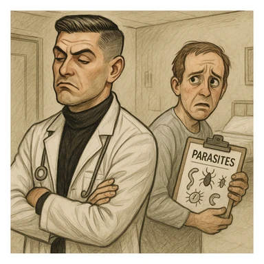 Create a semi-realistic or expressive style image of a male doctor inspired by the reference image, wearing a white coat. The doctor is turning away from a patient holding a chart with parasites, showing an indifferent or dismissive face. The patient looks concerned. The setting is clinical. The mood is ironic and critical. sticker