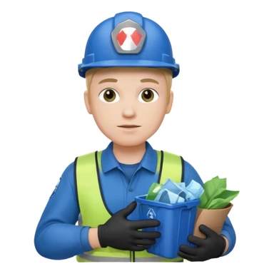 blue garbage man with blue helmet holding garbage  sticker