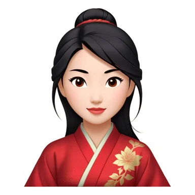 Cinematic Realistic Radiant Mulan Portrait, presenting Mulan with a warm, confident smile and lifelike light-toned skin that appears almost luminous under natural daylight. Her sleek black hair is rendered in meticulous detail, and her traditional robe—accented with understated red highlights—is depicted with realistic fabric textures and folds. The overall image exudes a gentle, inviting glow, high shine, and refined detail that captures her poised elegance and inner resilience in a painterly, authentic style. sticker