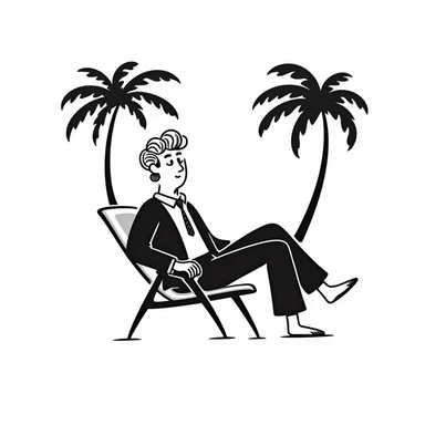 hand-drawn blonde man in business suit sitting on beach chair with palm trees, on vacation sticker