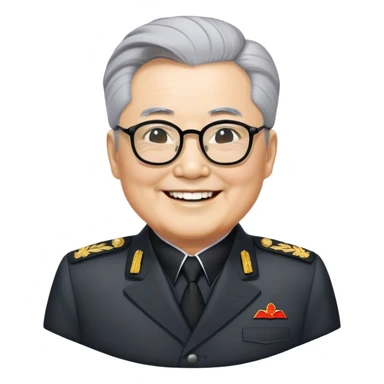 Grey haired general Kim il sung grinning while wearing dark mao suit and large glasses sticker