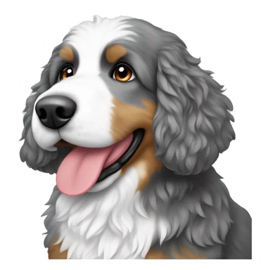Gray and white Bernedoodle hearing a Santa hat sticker