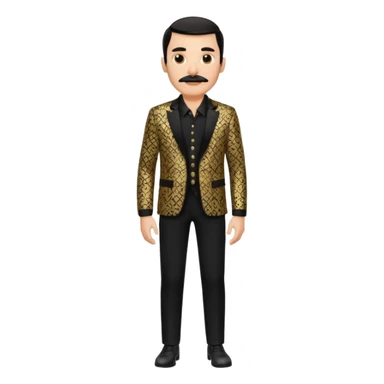 man with a mustache and slicked-back hair, dressed in a luxurious black and gold patterned jacket, black pants, and black shirt, standing with hands in pockets sticker