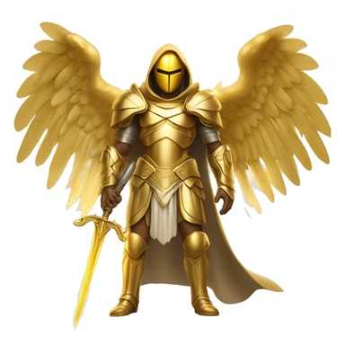 
archangel with golden wings in golden armor covering the whole body, in a golden hood, his face is not visible because of the rays of light, holding a golden sword in his hand, in full height, golden wings sticker