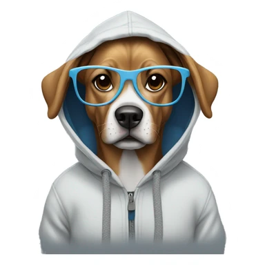 Dog wearing a hoodie with glasses sticker