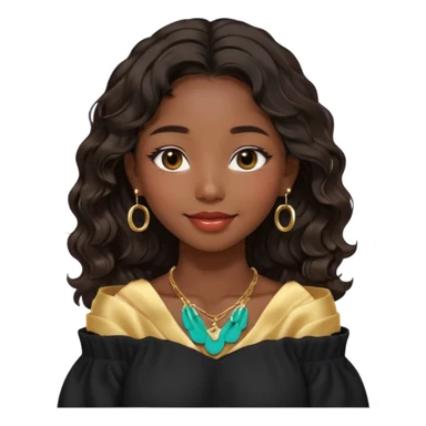 A South Korean girl with dark brown black wavy hair with middle part and layers. She is wearing a black off the shoulder long sleeve sweater, tiny gold hoop earrings and a dainty gold necklace. She is sweet and smiling with lips together sticker