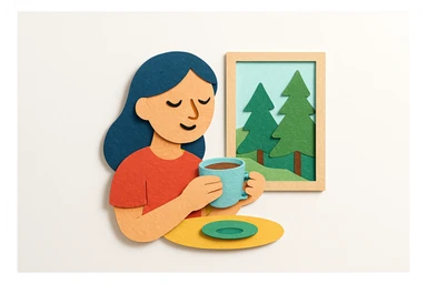 A woman enjoying tea by a window with a forest view sticker