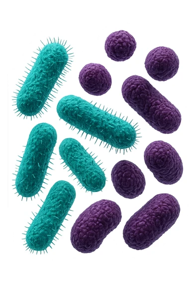 5 BATTERI BUONI E 5 BATTERI CATTIVI FLUTTUANO IN ARIA, I BATTERI BUONI FALLI TURCHESI, I BATTERI CATTIVI FALLI VIOLA, IPERREALISTICO 4K, NON DISEGNATO sticker