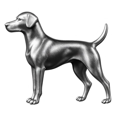               Apply a high-end, photorealistic metallic chrome material to the provided {subject}. The material should have a smooth, slightly curved surface with subtle reflections and soft shadows, resembling brushed or polished silver metal. Preserve the exact shape, proportions, and design of the original object. Set it against a solid black background (#000000) in 8K resolution. The lighting should enhance the beveled edges and reflective highlights, creating a sleek, premium finish. {subject} = dog pointing left sticker