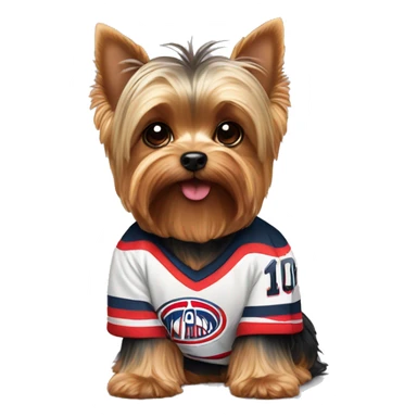 Yorkie wearing hockey jersey sticker
