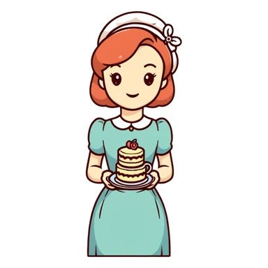 Charming British girl in vintage dress having afternoon tea with fancy teacup, scones and cake stand sticker