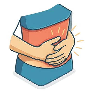 extreme close-up of a person's stomach with hands overlapping and pressing firmly, showing pain, only the stomach and hands, no face, 2D isometric illustration style sticker