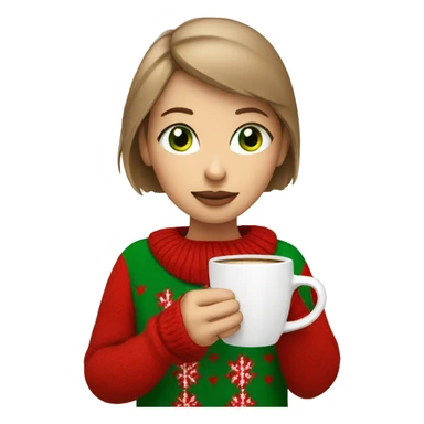 Light brown short haired girl with green eyes drinking coffee wearing red Christmas sweater sticker