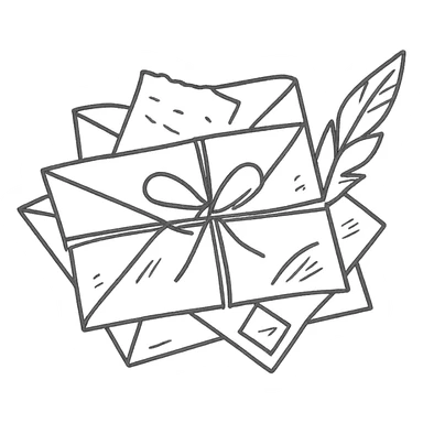 Стопка старинных писем в стиле дудлинг — конверты перевязаны шнуром или ленточкой, некоторые слегка приоткрыты, из них выглядывают пергаменты, карточки, перья sticker