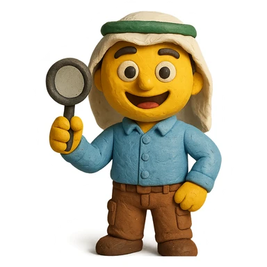 Create a realistic emoji character named Master Hunt. He is a Saudi young adult ,a button-up shirt and cargo pants. In one hand, he holds a magnifying glass, and he has an enthusiastic smile on his face. The background should be transparent , positive work culture. sticker