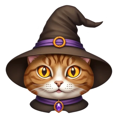 Brown tabby cat wearing a witch hat sticker