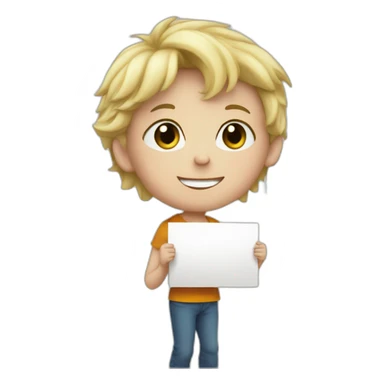 a young blond boy holding a sign , written Vivien sticker