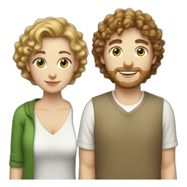 Couple, white European man with brown curly hair, blue eyes and chubby white woman with light brown curly hair and green eyes sticker