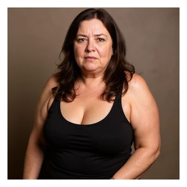 Make the image more realistic inspired by the reference photo: a woman with a lot of cellulite, visible face with a desperate and tired expression, identical pose to the photo, very detailed skin and shadows, neutral background. sticker