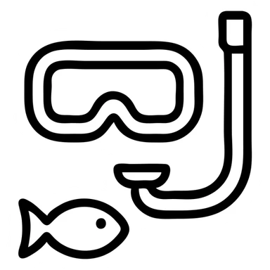 snorkel and mask outlined icon, fish swimming nearby, clean lines sticker