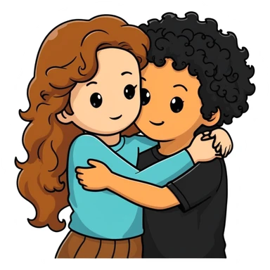 girl with long light brown hair and pale skin hugging a boy with black curly hair and tanned skin sticker