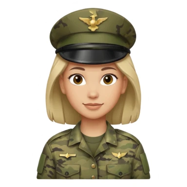 Female soldier emoji in Apple style, no cap/helmet, bust portrait, gentle smile, generic camo, hair visible, soft gradients, transparent PNG sticker