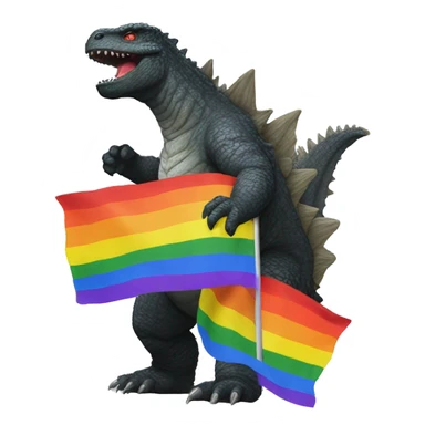 Godzilla playing with a rainbow flag sticker