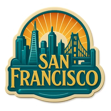 San Francisco logo in retro art deco style, with stylized city skyline, sunburst patterns, and elegant typography, using gold and teal accents sticker