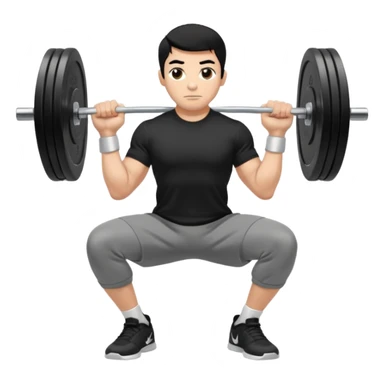 Hombre de cabello negro, tez moreno claro, vestido con playera negra, pants gris y tenis blancos tipo jordan haciendo sentadilla libre con barra con un disco de 20 kilos por lado visto de perfil  sticker