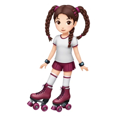 Cute girl, brunette with two braids, burgundy rollerskates sticker