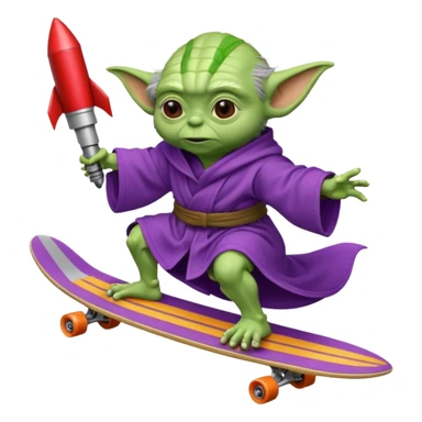yoda in a purple robe using a rocket like a skate sticker