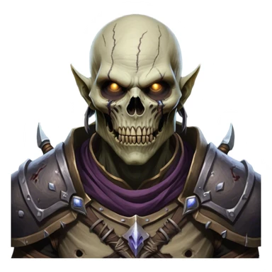 Cinematic Realistic WoW Undead Warrior Portrait, head tilted epicly and inquisitively, showcasing grim resilience and defiant strength. His withered, pallid skin and intense, glowing eyes contrast starkly with his worn, earth-toned clothes, rendered in meticulous detail. With dynamic, high-contrast lighting and high shine, this portrait exudes an epic aura, capturing the relentless will of a battle-hardened undead warrior. sticker