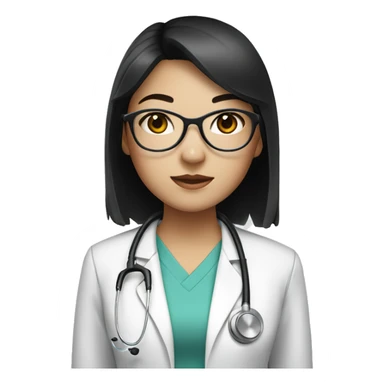 Asian girl, with white skin tone, black hair, wearing silver round circle glasses and a white scrub and a stethoscope  sticker