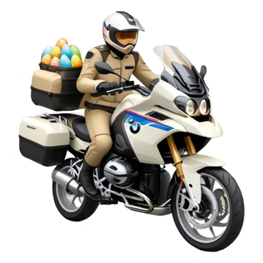 BMW RT1200 LC touring motorcycle with rider on open road in a forest with easter eggs sticker