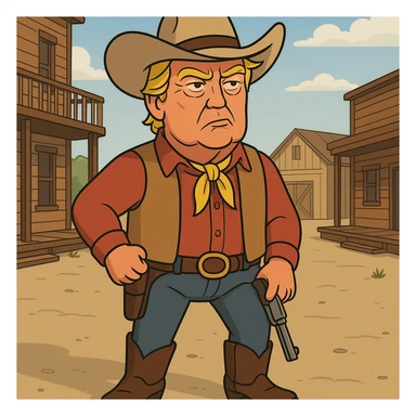 Donald Trump dressed as a cowboy, wearing a cowboy hat and boots, in a western setting, detailed facial features, vibrant colors, cartoon style sticker