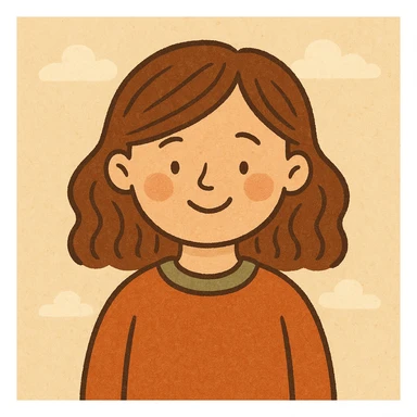 a girl with brown hair, friendly expression, simple background, flat warm colors style, modern illustration sticker