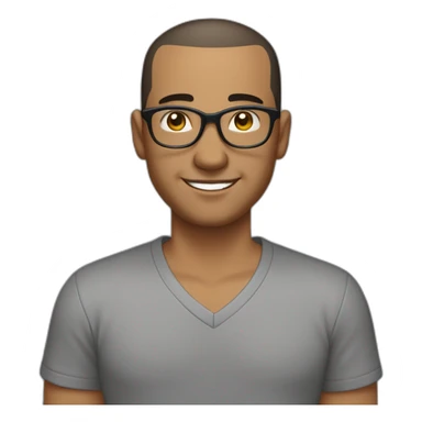 Late 30s man with buzz cut salt and pepper dark hair, thick frame glasses, with a round face and broad smile, medium nose, dark eyes, wearing a v-neck t-shirt sticker