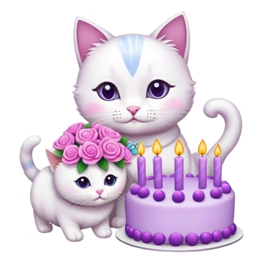 Pink and purple flower bouquet next to a cute cat and a cute cake sticker