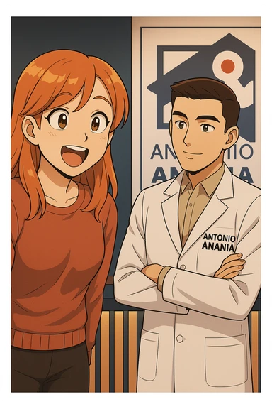 su questo stile fai un manga/webtoon a colori in cui C'è UNA STRISCIA CON FOCUS SUL VOLTO DELLA donna CON ESPRESSIONE DI STUPORE CHE ESCLAMA UNA COSA FELICE, MENTRE NELLA STRISCIA A DESTRA SI VEDE, l'uomo della foto in stile manga LE SPIEGA CHE DEVE PROVARE LA SUA VALUTAZIONE MEDICA, mantieni un ambiente simile alla foto che ho allegato con il suo logo (sarebbe il suo studio, lui è un kinesiologo), scrivigli "ANTONIO ANANIA" sul camice bianco, non mettere fumetti, ma fai in modo che sembri che la donna CHIEDA E  l'uomo RISPONDA sticker