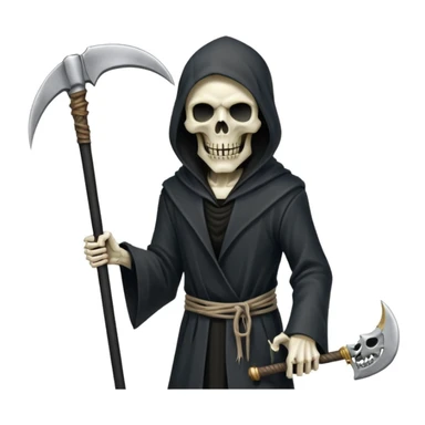iPhone emoji style terrifying Grim Reaper with half-skeleton half-zombie face (no slime), holding a single scythe in left hand, 100 dollar bills integrated but character remains central and ominous, white background sticker