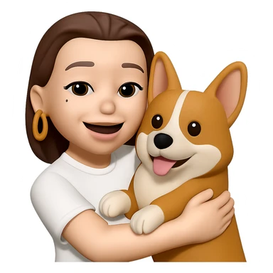 make the golden ring earrings twice as big while she is wearing a white t-shirt and hugging a corgi dog, keep the same style sticker