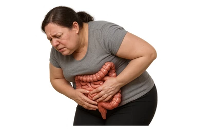 DONNA LEGGERMENTE SOVRAPPESO PIEGATA IN AVANTI CON INTESTINO ANATOMICO IN EVIDENZA, MAL DI PANCIA iperrealistico 4k sticker