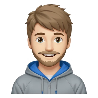 20 year old man, short scruffy beard and thin moustache, brown puffy mullet, blue eyes, big smile, white teeth, big lips, pronounced jaw, hair longer in back, sticking up on top, thin face, grey hooded sweatshirt, pale skin, big smile, blue eyes, puffy hair that is long in back sticker