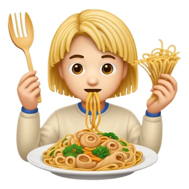 emoji face with a sneaky expression holding a plate of lo mein noodles sticker