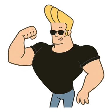Johnny Bravo character, muscular man with blonde hair, sunglasses, black shirt, cartoon style sticker
