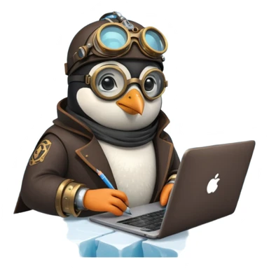 an steampunk engineer penguin writing code on a laptop, on an iceberg sticker